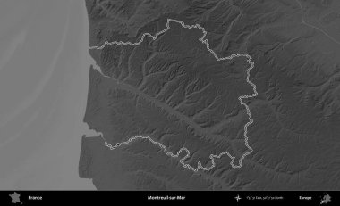 Montreuil-sur-Mer. Gri tonlu yükseklik haritasında Fransa 'nın idari bölgesinin ana hatları çizilmiş