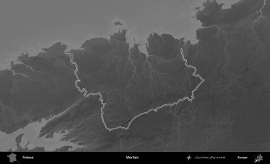 Morlaix. Gri tonlu yükseklik haritasında Fransa 'nın idari bölgesinin ana hatları çizilmiş