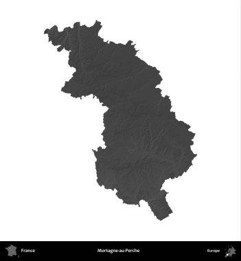 Mortagne-au-Perche. Fransa 'nın idari bölgesi gri ölçekli yükseklik haritasında beyaza izole edildi
