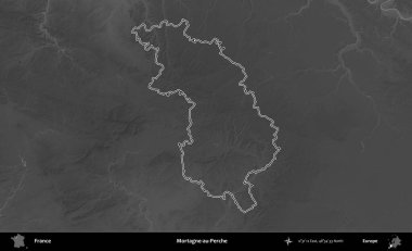 Mortagne-au-Perche. Gri tonlu yükseklik haritasında Fransa 'nın idari bölgesinin ana hatları çizilmiş