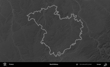 Neufchateau. Gri tonlu yükseklik haritasında Fransa 'nın idari bölgesinin ana hatları çizilmiş