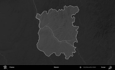 Nevers. Fransa 'nın idari alanı kararmış bir gri tonlama yükselme haritasına vurgulandı ve özetlendi