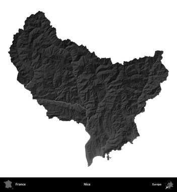 Güzelmiş. Fransa 'nın idari bölgesi gri ölçekli yükseklik haritasında beyaza izole edildi