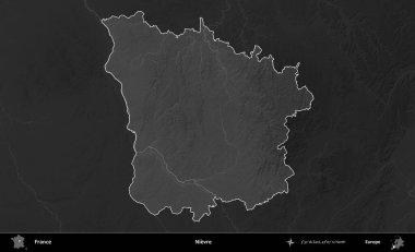 Nievre. Fransa 'nın idari alanı kararmış bir gri tonlama yükselme haritasına vurgulandı ve özetlendi