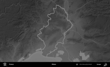Nimes. Gri tonlu yükseklik haritasında Fransa 'nın idari bölgesinin ana hatları çizilmiş