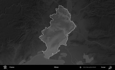 Nimes. Fransa 'nın idari alanı kararmış bir gri tonlama yükselme haritasına vurgulandı ve özetlendi
