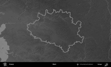 Niort. Gri tonlu yükseklik haritasında Fransa 'nın idari bölgesinin ana hatları çizilmiş