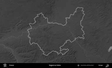 Nogent-sur-Seine. Gri tonlu yükseklik haritasında Fransa 'nın idari bölgesinin ana hatları çizilmiş