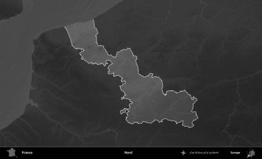 Nord. Fransa 'nın idari alanı kararmış bir gri tonlama yükselme haritasına vurgulandı ve özetlendi