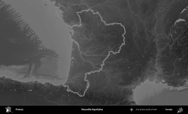 Yeni-Aquitaine. Gri tonlu yükseklik haritasında Fransa 'nın idari bölgesinin ana hatları çizilmiş