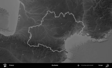 Occitanie. Gri tonlu yükseklik haritasında Fransa 'nın idari bölgesinin ana hatları çizilmiş