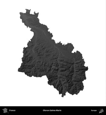 Oloron-Sainte-Marie. Fransa 'nın idari bölgesi gri ölçekli yükseklik haritasında beyaza izole edildi