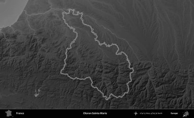Oloron-Sainte-Marie. Gri tonlu yükseklik haritasında Fransa 'nın idari bölgesinin ana hatları çizilmiş