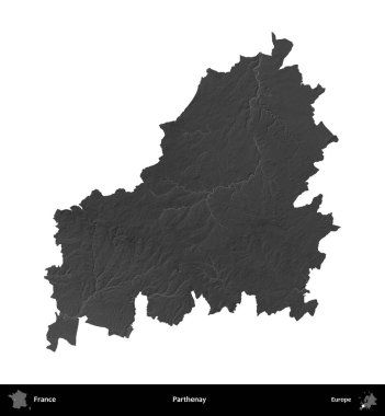 Parthenay. Fransa 'nın idari bölgesi gri ölçekli yükseklik haritasında beyaza izole edildi
