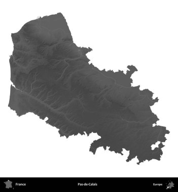 Pas-de-Calais. Fransa 'nın idari bölgesi gri ölçekli yükseklik haritasında beyaza izole edildi