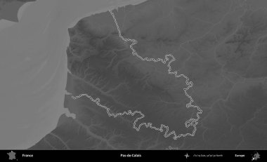 Pas-de-Calais. Gri tonlu yükseklik haritasında Fransa 'nın idari bölgesinin ana hatları çizilmiş
