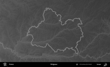 Perigueux. Gri tonlu yükseklik haritasında Fransa 'nın idari bölgesinin ana hatları çizilmiş