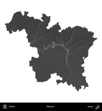 Peronne. Fransa 'nın idari bölgesi gri ölçekli yükseklik haritasında beyaza izole edildi