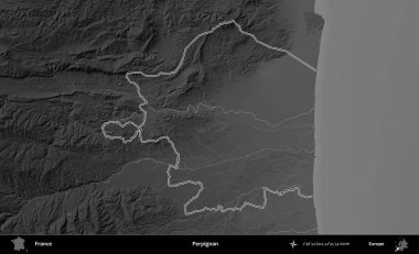 Perpignan. Gri tonlu yükseklik haritasında Fransa 'nın idari bölgesinin ana hatları çizilmiş