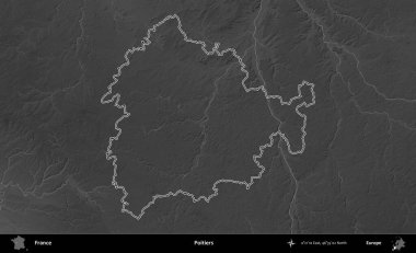 Poitiers. Gri tonlu yükseklik haritasında Fransa 'nın idari bölgesinin ana hatları çizilmiş