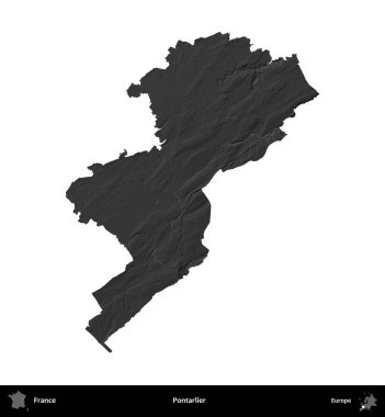 Pontarlier. Fransa 'nın idari bölgesi gri ölçekli yükseklik haritasında beyaza izole edildi