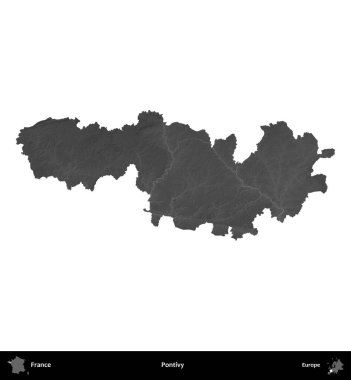 Pontivy. Fransa 'nın idari bölgesi gri ölçekli yükseklik haritasında beyaza izole edildi