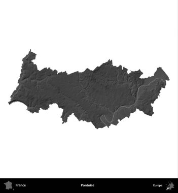 Pontoise. Fransa 'nın idari bölgesi gri ölçekli yükseklik haritasında beyaza izole edildi