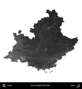 Provence-Alpes-Cote d'Azur. Fransa 'nın idari bölgesi gri ölçekli yükseklik haritasında beyaza izole edildi