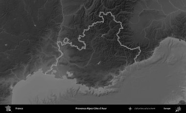 Provence-Alpes-Cote d'Azur. Gri tonlu yükseklik haritasında Fransa 'nın idari bölgesinin ana hatları çizilmiş