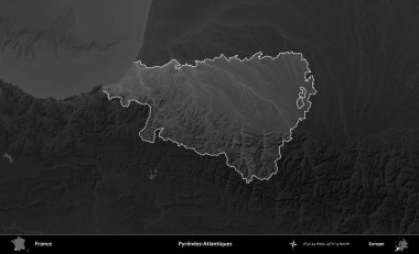 Pireneler-Atlantikler. Fransa 'nın idari alanı kararmış bir gri tonlama yükselme haritasına vurgulandı ve özetlendi