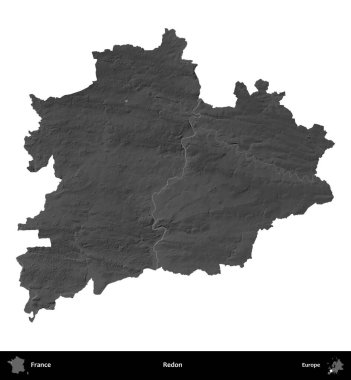 Redon. Fransa 'nın idari bölgesi gri ölçekli yükseklik haritasında beyaza izole edildi