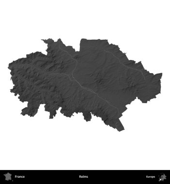 Reims. Fransa 'nın idari bölgesi gri ölçekli yükseklik haritasında beyaza izole edildi