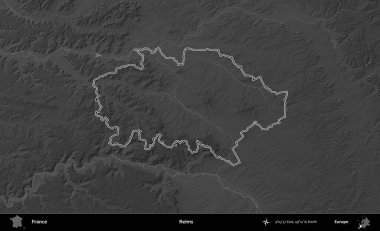 Reims. Gri tonlu yükseklik haritasında Fransa 'nın idari bölgesinin ana hatları çizilmiş