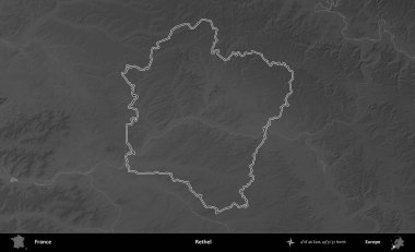Rethel. Gri tonlu yükseklik haritasında Fransa 'nın idari bölgesinin ana hatları çizilmiş
