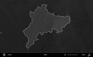 Riom. Fransa 'nın idari alanı kararmış bir gri tonlama yükselme haritasına vurgulandı ve özetlendi