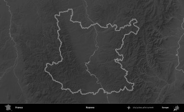 Roanne. Gri tonlu yükseklik haritasında Fransa 'nın idari bölgesinin ana hatları çizilmiş