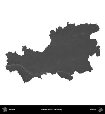 Romorantin-Lanthenay. Fransa 'nın idari bölgesi gri ölçekli yükseklik haritasında beyaza izole edildi