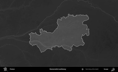 Romorantin-Lanthenay. Fransa 'nın idari alanı kararmış bir gri tonlama yükselme haritasına vurgulandı ve özetlendi