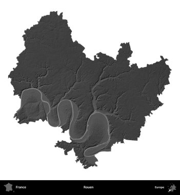 Rouen. Fransa 'nın idari bölgesi gri ölçekli yükseklik haritasında beyaza izole edildi