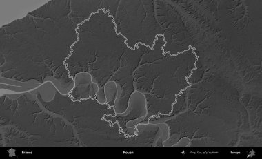 Rouen. Gri tonlu yükseklik haritasında Fransa 'nın idari bölgesinin ana hatları çizilmiş
