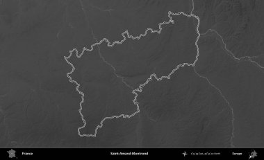 Saint-Amand-Montrond. Gri tonlu yükseklik haritasında Fransa 'nın idari bölgesinin ana hatları çizilmiş