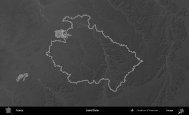 Aziz Dizier. Gri tonlu yükseklik haritasında Fransa 'nın idari bölgesinin ana hatları çizilmiş