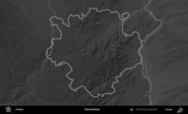 Aziz Etienne. Gri tonlu yükseklik haritasında Fransa 'nın idari bölgesinin ana hatları çizilmiş