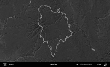 Aziz Un. Gri tonlu yükseklik haritasında Fransa 'nın idari bölgesinin ana hatları çizilmiş