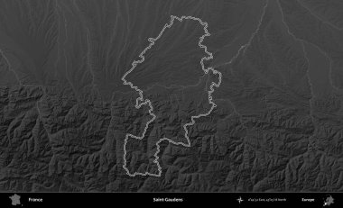 Saint-Gauden 'lar. Gri tonlu yükseklik haritasında Fransa 'nın idari bölgesinin ana hatları çizilmiş
