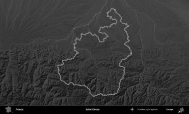 Saint-Gironlar. Gri tonlu yükseklik haritasında Fransa 'nın idari bölgesinin ana hatları çizilmiş