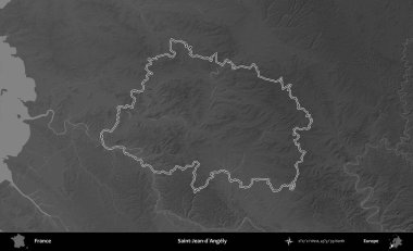 Saint-Jean-d'Angely. Gri tonlu yükseklik haritasında Fransa 'nın idari bölgesinin ana hatları çizilmiş