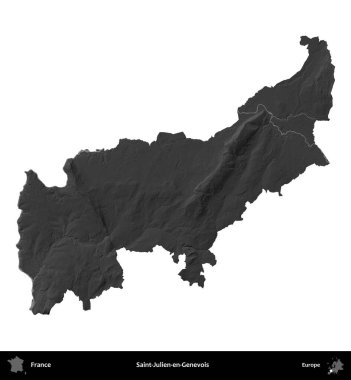 Saint-Julien-en-Genevois. Fransa 'nın idari bölgesi gri ölçekli yükseklik haritasında beyaza izole edildi