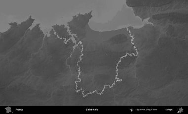 Saint-Malo 'da. Gri tonlu yükseklik haritasında Fransa 'nın idari bölgesinin ana hatları çizilmiş