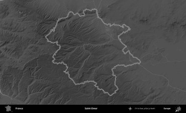 Aziz Ömer. Gri tonlu yükseklik haritasında Fransa 'nın idari bölgesinin ana hatları çizilmiş